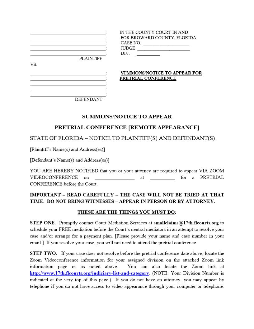 Summons - Notice To Appear For Pretrial Conference [Remote Appearance] | Pdf Fpdf Docx | Florida